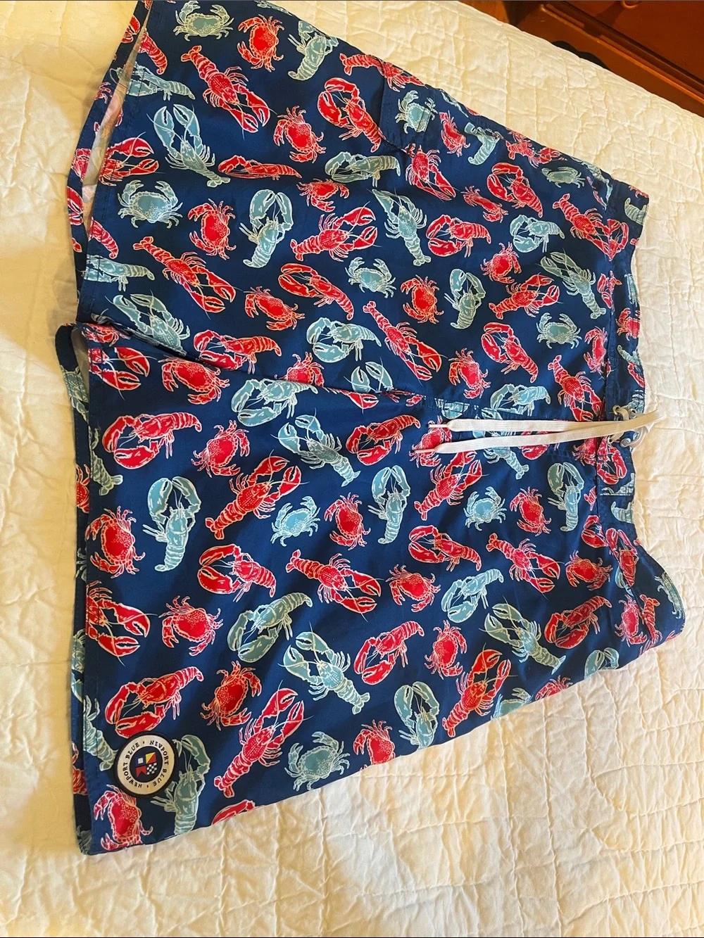 Newport Navy Swim Board Shorts with Red & Light Blue Lobster Print